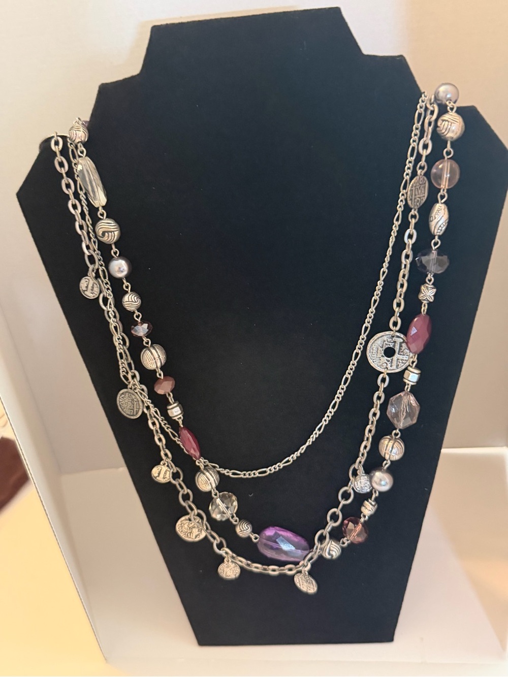 2 different Designs Layered Silver-Tone Necklace with Purple &black bead